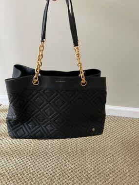 Tory Burch Black Quilted Leather Tote with Gold Chain Handles